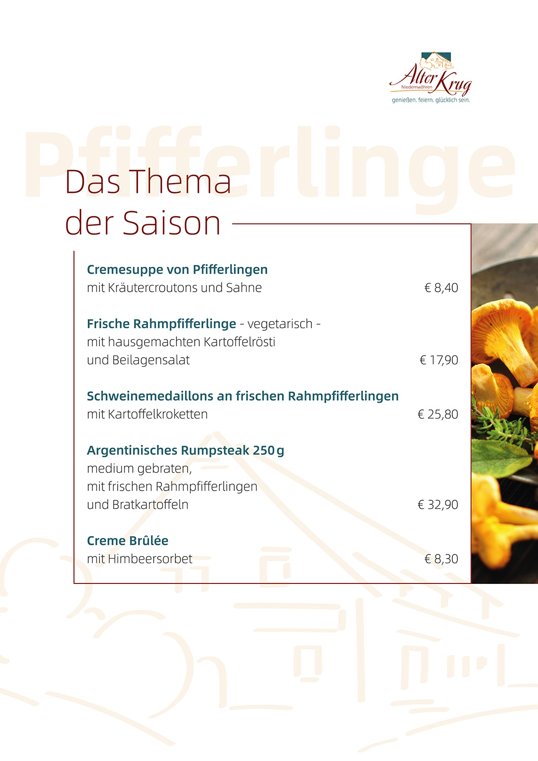 Alter Krug Niedernwöhren | Gaststätte | Pfifferlinge | Das Thema der Saison
