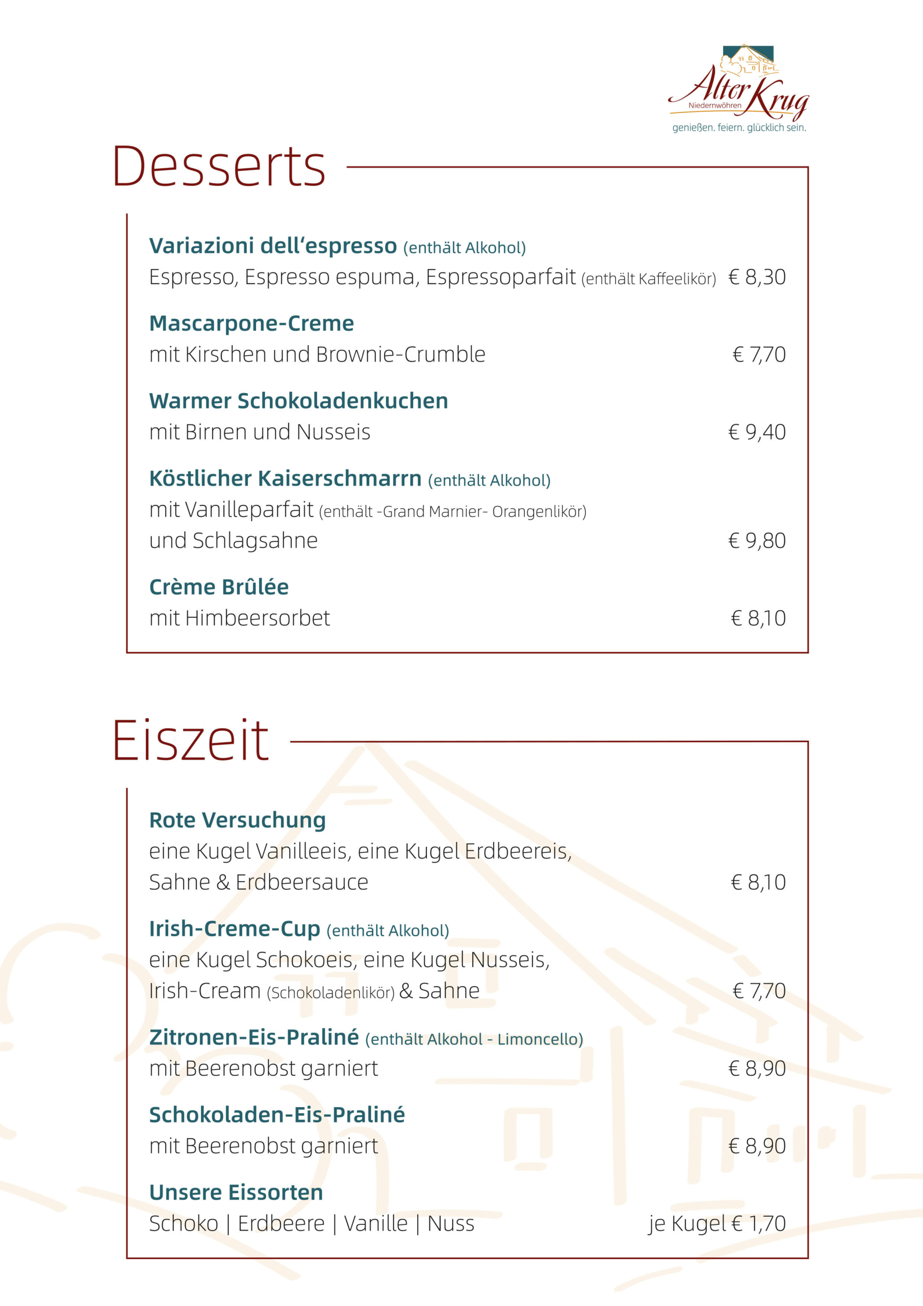 Alter Krug Niedernwöhren | Gaststätte | Speisekarte